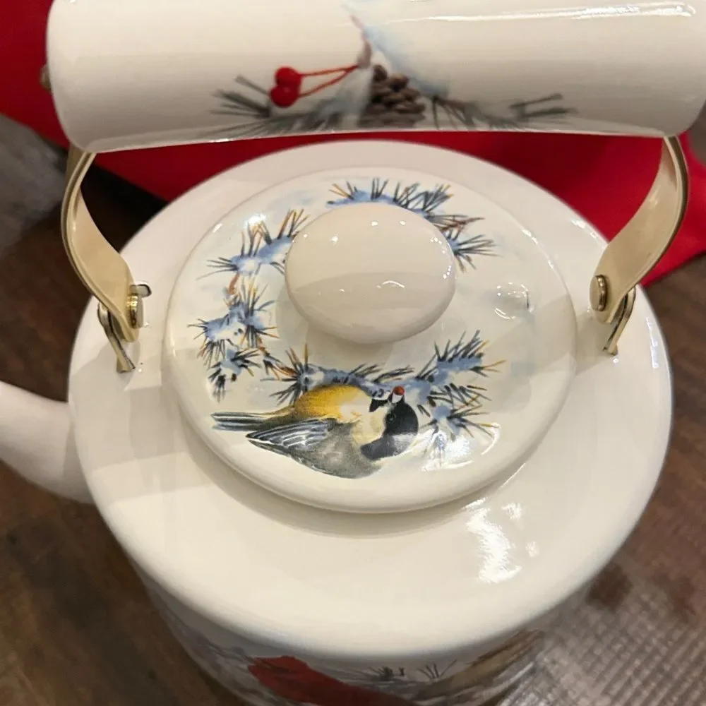 Vintage Lenox winter greetings, enamelware tea pot with a cardinal and chickadee